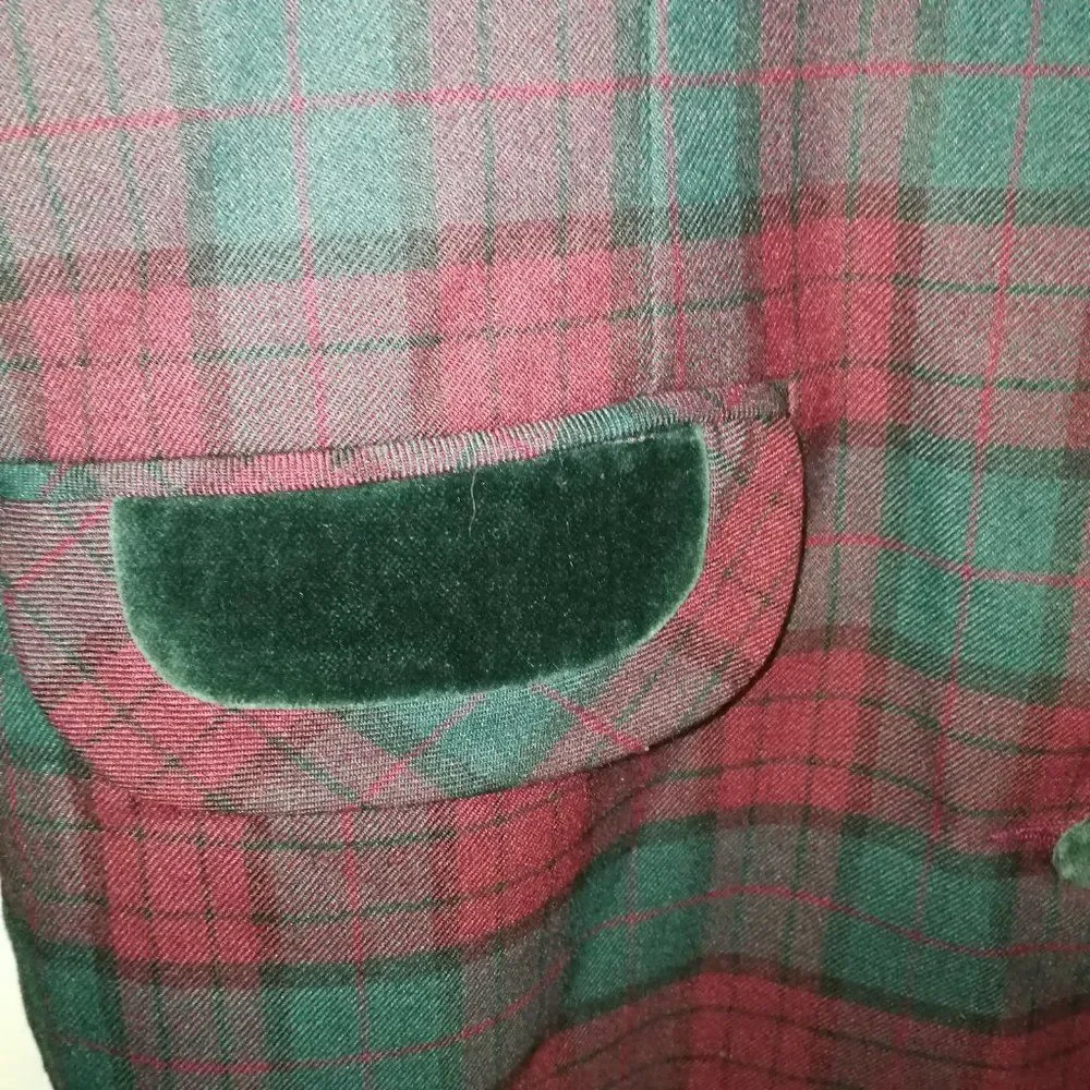 Vintage Holiday Plaid Tartan Red & Green Preppy Simple Breasted Velvet Blazer L - Picture 5 of 15
